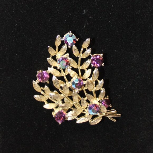 Lisner Aurora Borealis 1960's Vintage Leaf Rhinestone Brooch and Earring Set - Picture 2 of 13